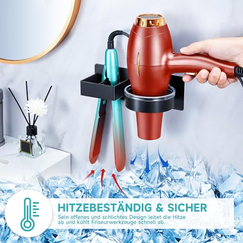 YYBO Fönhalter Ohne Bohren, Glätteisen Halterung, Föhn Halterung für Haartrockner und Glätteisen, Föhnhalter Wand, Haartrocknerhalter Wandhalterung, Selbstklebend Fönhalterung für Bad Hotel (Schwarz)