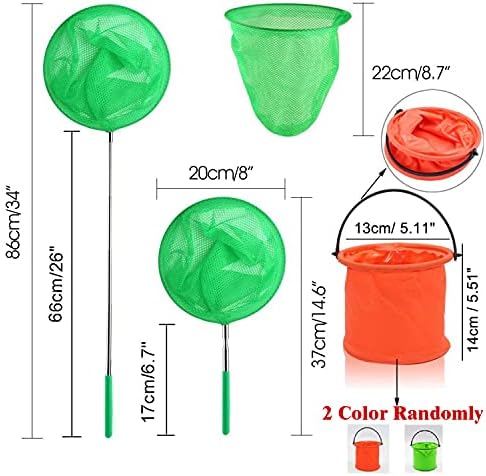 DWTECH 2 Pack Kids Telescopic Butterfly Net Fishing Net Pond Net Extendable (14.5 to 33.8 Inches)+2 Pack Folding Bucketfor Kids Catching Bugs Insect Small Fish Outdoor Beach Garden Activities