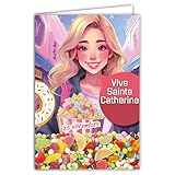 DESIGN MODERNE: Carte de vœux illustrée dans un style manga contemporain avec des motifs de friandises et une palette de couleurs vibrantes en rose et violet
