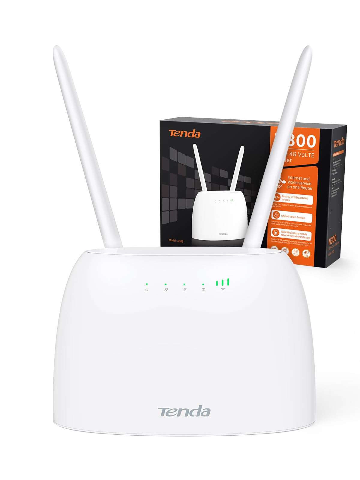 Tenda 4G06 4G Volte WLAN Router für SIM Karten (150 Mbit/s im Download, 50 Mbit/s im Upload, 300 Mbit/s 2,4GHz), 2 Abnehmbare Antennen, Plug & Play, Kein SIM-Lock, LAN/WAN-Port & Tel-Port, Weiß