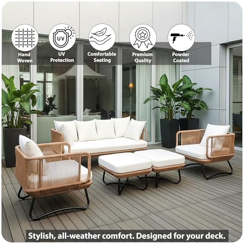 Image of Amazon Brand - Solimo Harbor Outdoor Rope Sofa Set | Balcony Sofa | Patio Conversation Sets | Braided Rope Garden Sofa Set and Ottoman (7 Seater - Beige)