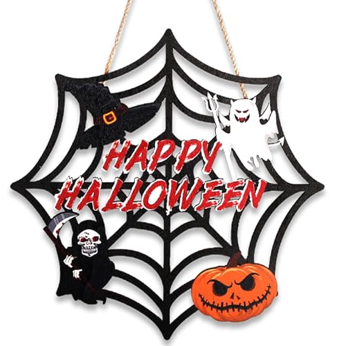 Image of Halloween Party decorations - Welcome Sign for Front Door,Rustic Round Wood Wreaths for Outdoor Outside,Spider Web Garland Porch Ghost Decor for Party Favors Supplies | Halloween Decor for Wall Indoor
