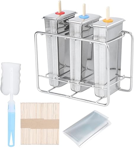 3 moldes de paletas de acero inoxidable, máquina de paletas de hielo con soporte de acero inoxidable, 55 varillas, 10 bolsas de almacenamiento, kit