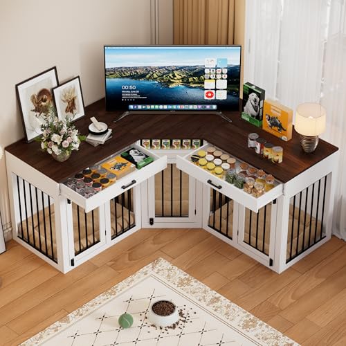 PAKASEPT Extra Large Corner Dog Crate Furniture for 3 Dogs 3 in 1 Wooden Dog Crate Kennel with 2 Drawers Divider Power Outlet Heavy Duty Double Dog Kennel Indoor for Small Medium Large Dogs White