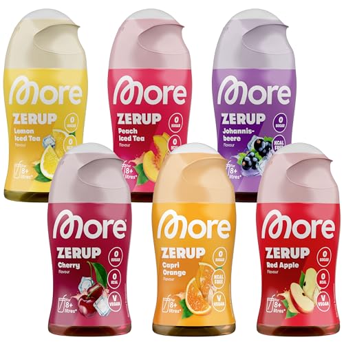 MORE Zerup mixed 6er Bundle 6 x 65 ml verschiedene Sorten für bis zu 48 l Fertiggetränk zuckerfreier Sirup mit u.a. echten Fruchtextrakten vegan zero Kalorien - made in Germany