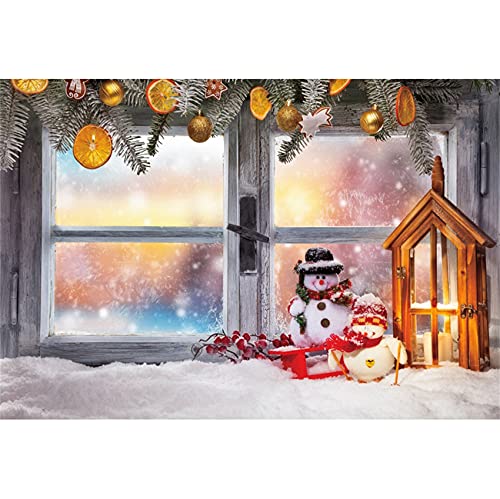 Merry Christmas Telón de Fondo 270x180cm alféizar de Ventana muñeco de Nieve fotografía Fondo 3D Escena de Nieve Rama de Navidad fotografía Telón de Fondo Fiesta para Navidad