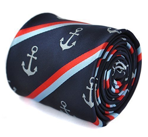 Frederick Thomasnavy tie with striped anchor design with signature floral design to the rear