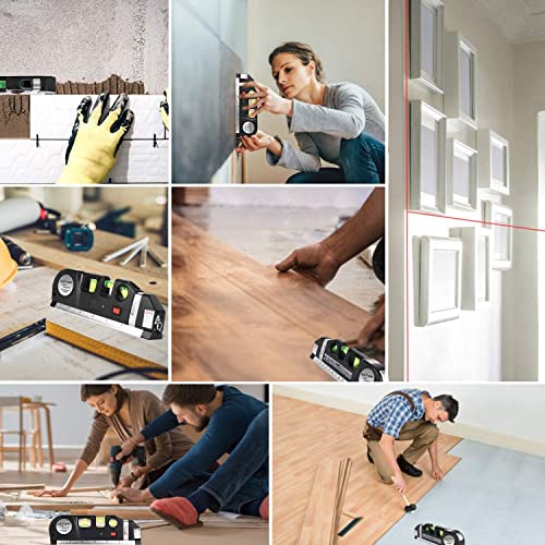 Image of Multifunction Laser Level Tool with Measuring Tape, Horizontal & Vertical Bubble Level, Ruler and Aligner, Plastic Spirit Level for DIY, Drilling, Hanging & Home Improvement, Black