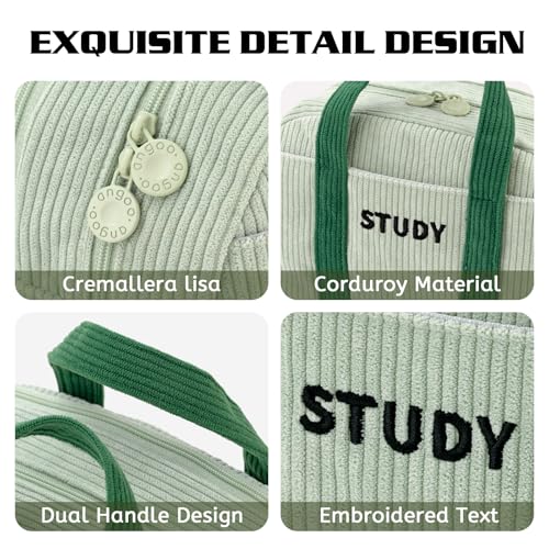 Image of EASTHILL Corduroy Hand-held Pencil Case Large Cute Pencil Pouch Stationery Pen Bag for Teen Girls-Green