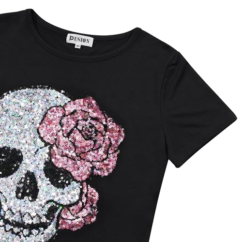 Image of PESION Womens Short Sleeve T-Shirt Sequined Tops O-Neck Funny Graphic Tees Blouse