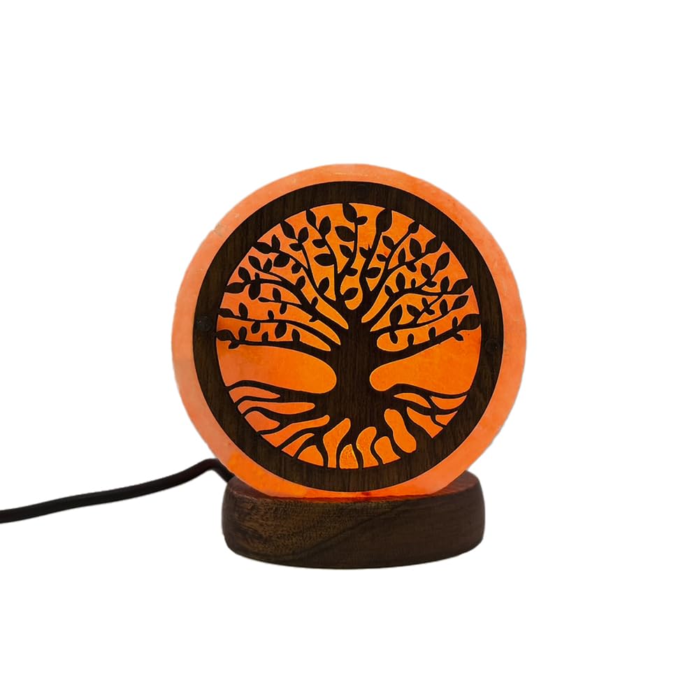 AROMASENSES | Lámpara de Sal del Himalaya USB | Hecha a Mano, Base de Madera | Lámpara Relajante para Mesita de Noche y Oficina, Luz Fija, 100% Natural | Sal Rosa del Himalaya | ARBOL DE LA VIDA