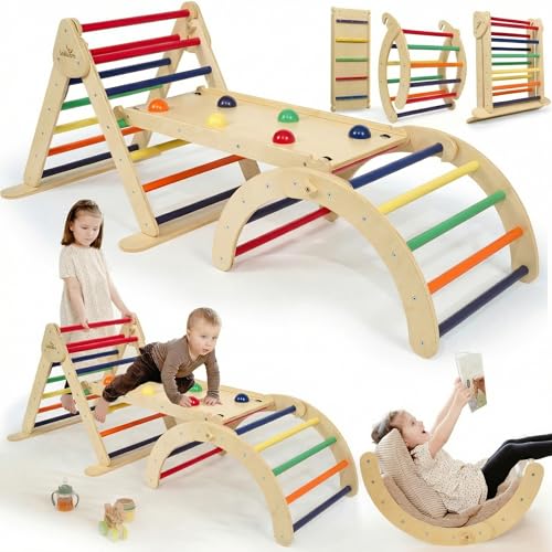 Lululearn® Klettergerüst [FALTBAR] ideal für Indoor & Outdoor-Bereich - Kletterdreieck & Kletterbogen | Montessori-Lernspielzeug ab 1 Jahr für aktives Spielen - Jetzt Entdecken! (Natural-Bunt)