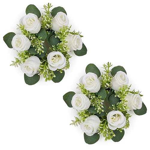 NUPTIO Artificial Flowers Wreath for Decoration - 2 Pcs 22cm Diameter Small White Fake Roses Wedding Centrepieces for Tables Spring Summer Wreaths for Front Door Weddings Party Ceremony