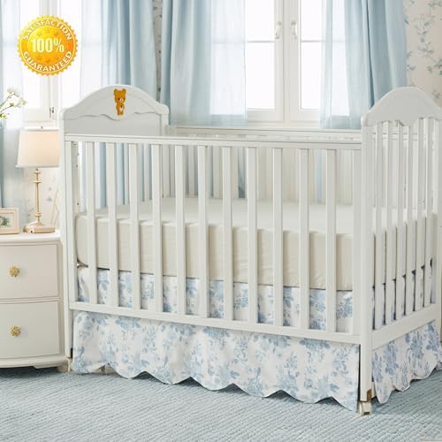 Image of Brandream Scallop Edge Cotton Crib Skirt, Baby Girl, French Country Blue Toile Crib Skirt Toddler Bedskirt Farmhouse Chic Nursery Crib Bed Skirt, Boho Bohemian Vintage Grandmillennial Floral Print