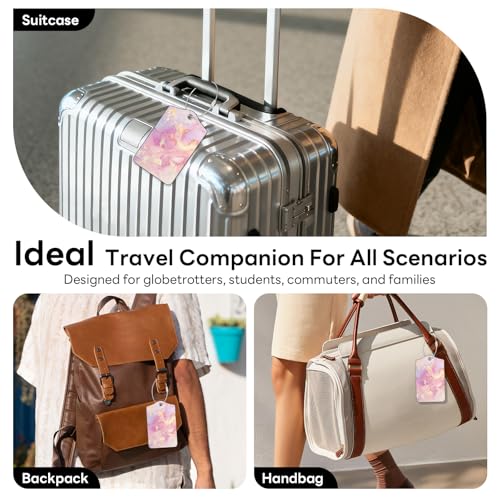 Handlein 2 Pack PU Leather Luggage Tags for Suitcases, Privacy Protection Cover with Stainless Steel Loop and Address Card, Travel Cruise Essentials (Pink Gold Marble 2)