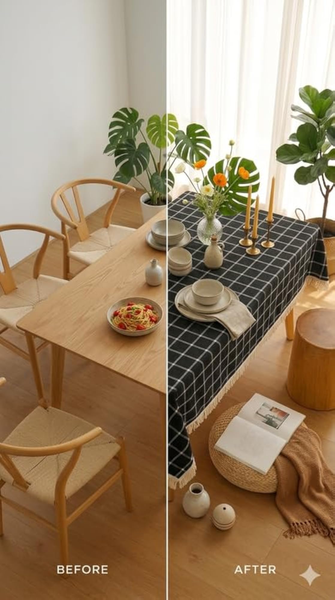 Black Window Pane Scandinavian Minimal Cotton Fringe Dining Table Cover