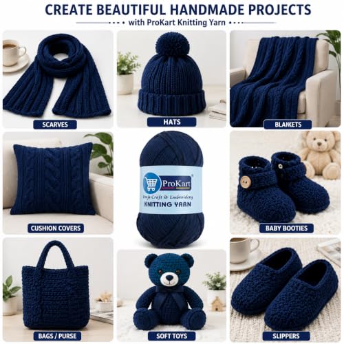 Image of ProKart - Premium 4-Ply Woolen Knitting Yarn | 100g Navy Blue Hand Crochet Soft Wool for Sweaters, Scarves, Hats, Baby Clothes & DIY Craft Accessories (1 Ball x 100g) - PRO32