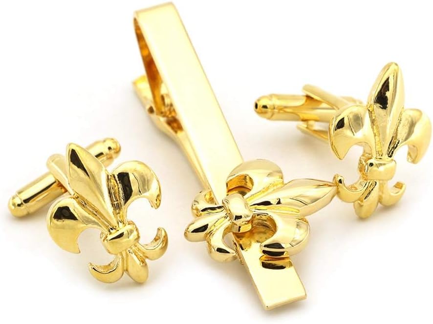 Fleur De Lis Gold Cufflink and Tie Clip Set for Men, Elegant Matching Cufflinks and Tie Bar for Formal Events and Gift Occasion
