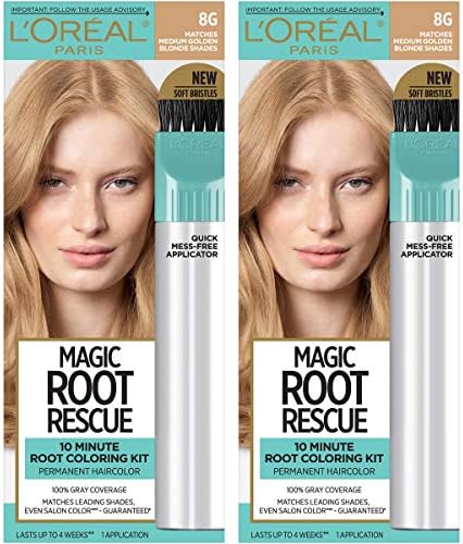 L'Oreal Paris Magic Root Rescue 10 Minute Root Hair Coloring Kit, Permanent Hair Color with Quick Precision Applicator, 100% Gray Coverage, 8G Medium Golden Blonde, 2 count