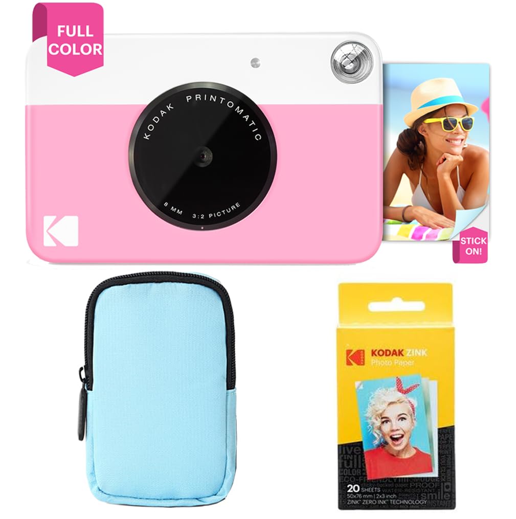 KODAK Printomatic Pacchetto iniziale per macchina fotografica a stampa istantanea a colori + Custodia morbida + Carta fotografica Zink da 20 pezzi - Foto colorate su carta adesiva 2x3" - Rosa
