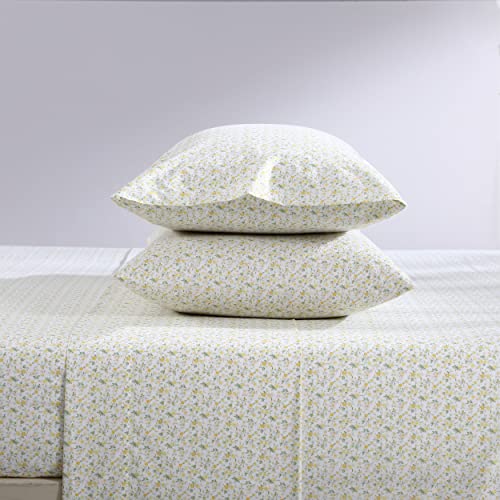 Image of Laura Ashley - Full Size Sheet Set, Crisp & Lightweight Cotton Percale Bedding with Fitted Sheet and Pillowcases, Floral Room Decor, Deep Pocket, College Dorm Room Essentials (Evie Yellow)