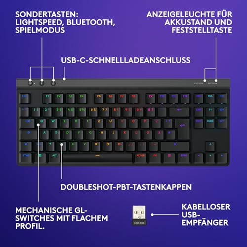 Logitech G G515 Lightspeed TKL kabellose Flache Gaming-Tastatur, LIGHTSYNC RGB, dünnes Profil ohne Ziffernblock, PBT-Tastenkappen, taktile mechanische Switches, Deutsches QWERTZ-Layout - Schwarz 6