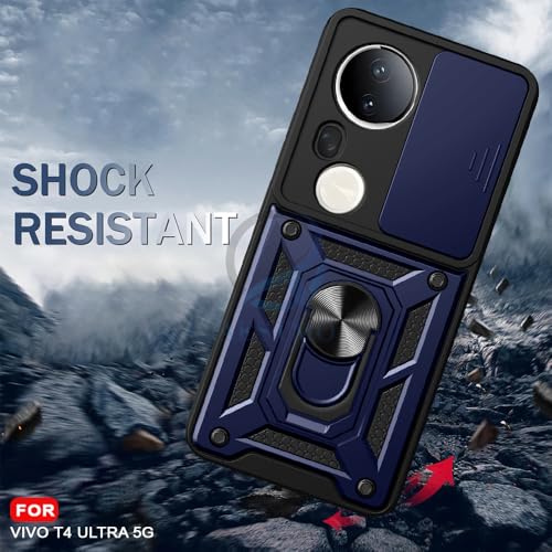 Image of AESTMO Tough Armor Vivo T4 Ultra 5G Bumper Back Case Cover | Ring Holder & Sliding Camera Shield Cover | 360 Degree Protection Back Case Cover for Vivo T4 Ultra 5G (Blue)