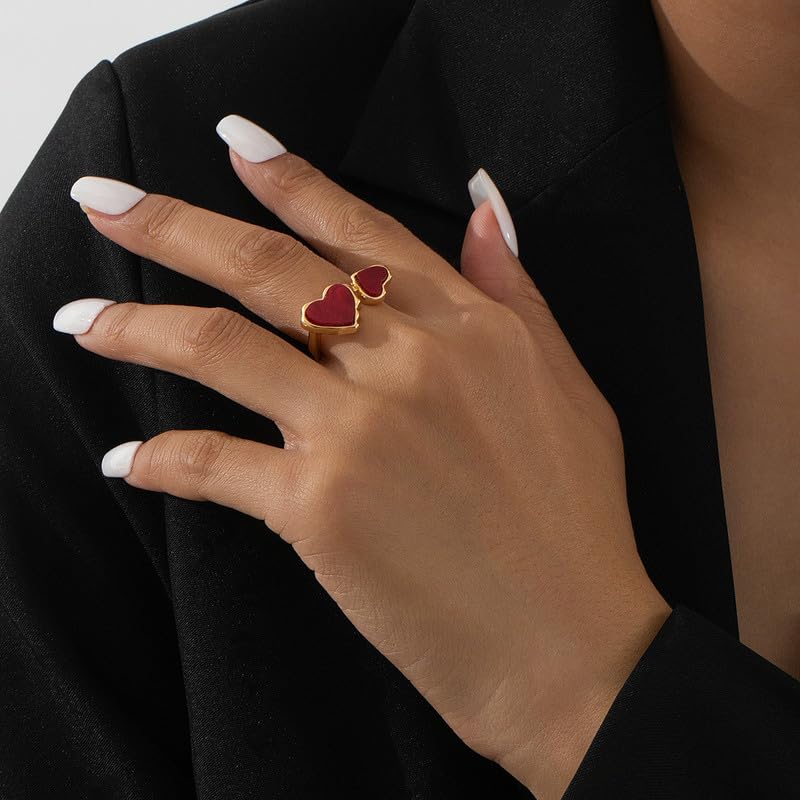 Retro red heart open adjustable ring for women simple asymmetric heart-shaped finger ring fashion Gold Plated Wedding Eternity Promise Engagement Jewelry4