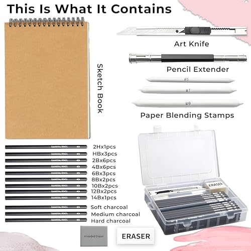 Image of Sketch Pencil Set, Drawing Pencil Set and Shading Pencil Set for Artists, Perfect Sketching Kit of Charcol Pencils and Shading Art with Carry Box and A5 Sketch Book (38 Pieces)