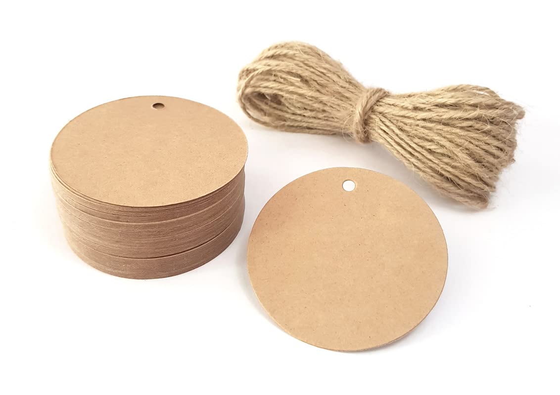 TOWNBUS 50 Nos of Double sided Blank Craft Brown hang tags with String for Return Gifts | Party & Celebration | Plain Price tags with Jute Rope | Thread | D3 - Round-image-12