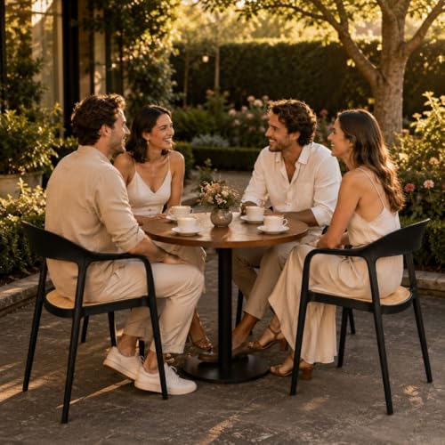 Image of Rattan Style Outdoor Chair | Set of 4 Black Plastic Arm Chair for Garden, Balcony, Patio & Cafe | Lightweight Weather Resistant Seating | 3 Year Manufacturing Warranty