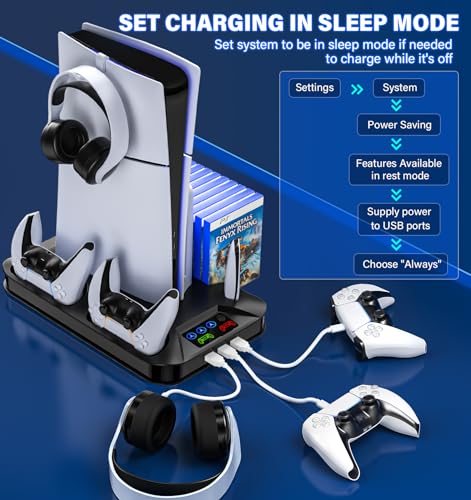 Image of PS5 / PS5 Slim Cooling Station with Controller Charging Station for PlayStation 5 Console Disc /Digital, Cooling Stand for PlayStation 5 Slim with Cooler Fan Accessories with 3 USB Hubs /Headset Holder