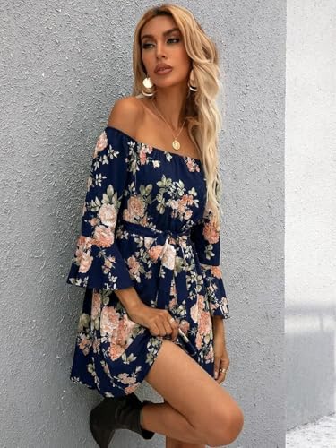 Image of Off Shoulder Ruffle Dress for Women, A-Line Mini Dress with Belt, Fitted Bust Summer Wedding Guest Dress