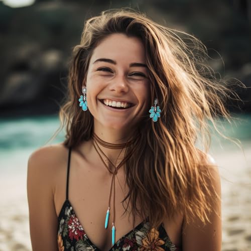 Image of Ecally Bohemian Western Jewelry Turquoise Set Women Country Pendant Long Choker Layered Bracelets Earrings Ring for Women