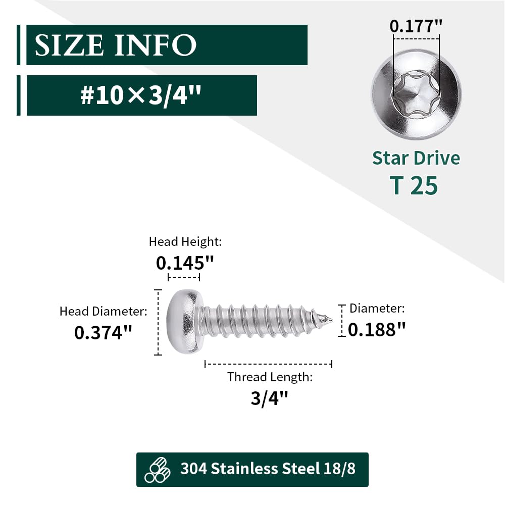 Stainless Steel Sheet Metal Screws - #10 Torx -3