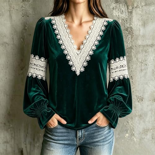 Ladies Tops Velvet Lantern Long Sleeve V Neck Lace Trim Elegant Blouse - image 2