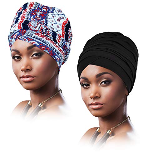 keland 2 Packs African Women Turbans Hats Print Long Head Wraps Headbands Bohemian Stretch Scarf Headwraps (Floral B)