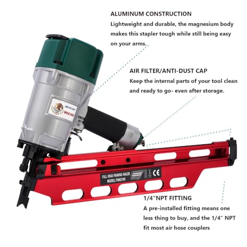 Image of Mexican Style 9021NS Framing Nailer 21 Degree 3-1 /2 inch with Depth Adjustment Professional Air Nail Gun