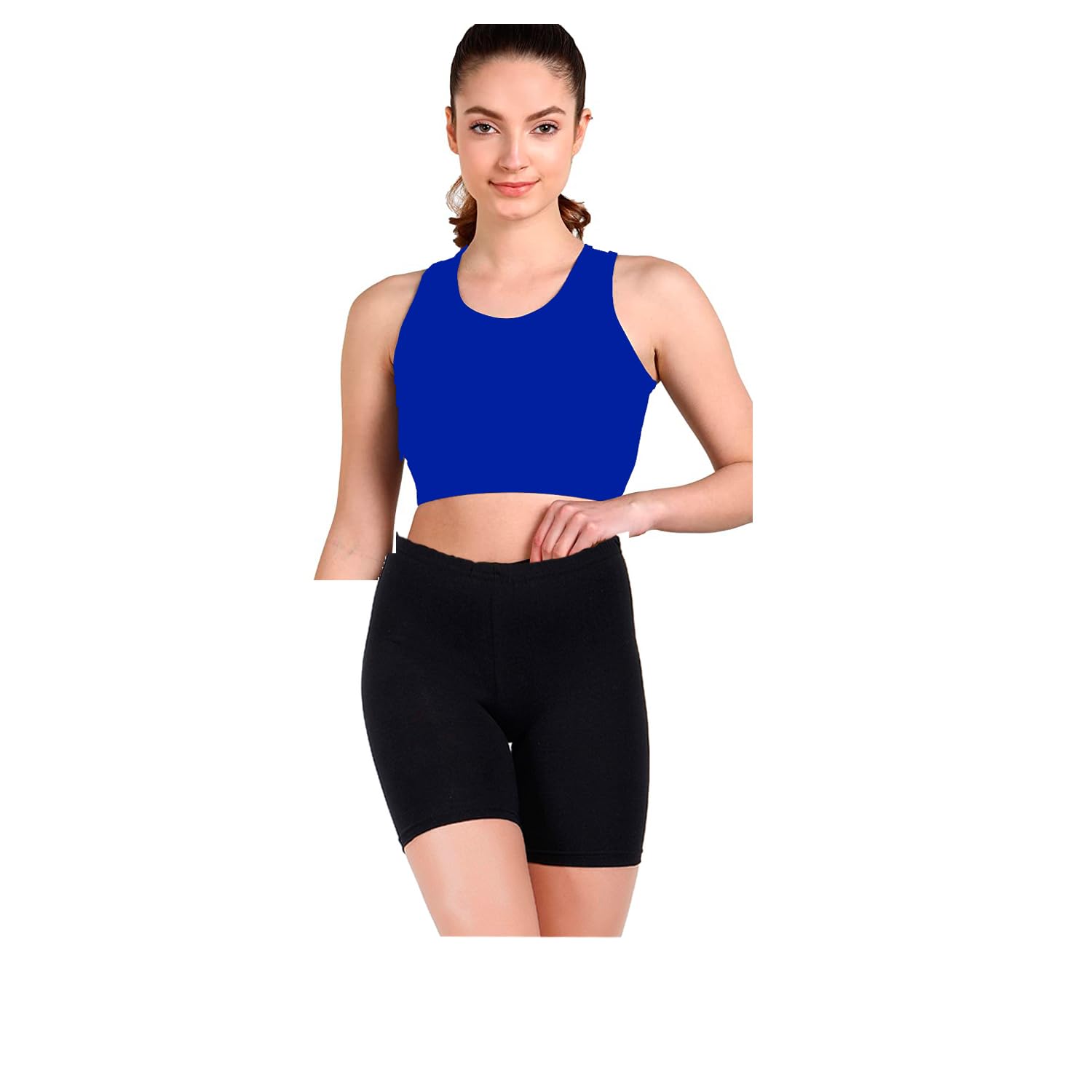 Two Piece Sports Swim Wear/Swim Suit/Swimming Suit with Solid Black Top and Shorts for Women and Girls (L, Blue)-image-17