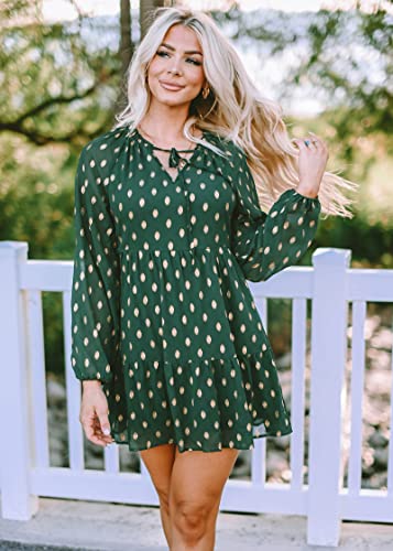 Kirundo Women's 2023 Spring Summer Long Sleeve V Neck Ruffle Polka Dot Mini Dress Casual Loose Tiered Swing Tunic Dress(Dark Green, X-Large) #TOP5