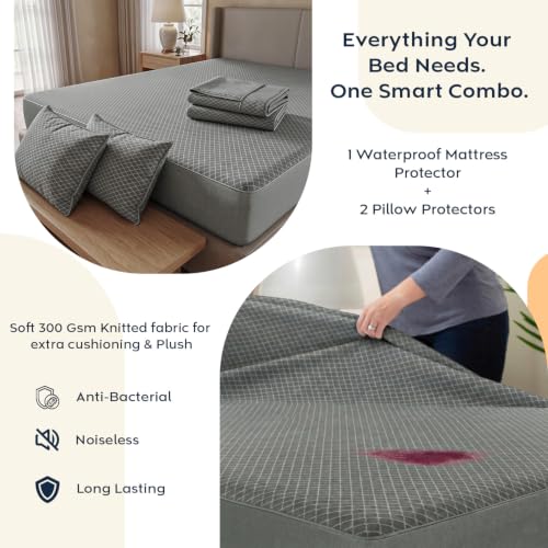 Image of AYKA Combo Pack Waterproof Mattress Protector & 2 Pillow Protectors | King Size 78x72 Inch | 100% Waterproof Kintted Bed Protector | Breathable, Noiseless Mattress & Pillow Covers | 6.5 x 6 ft | Grey
