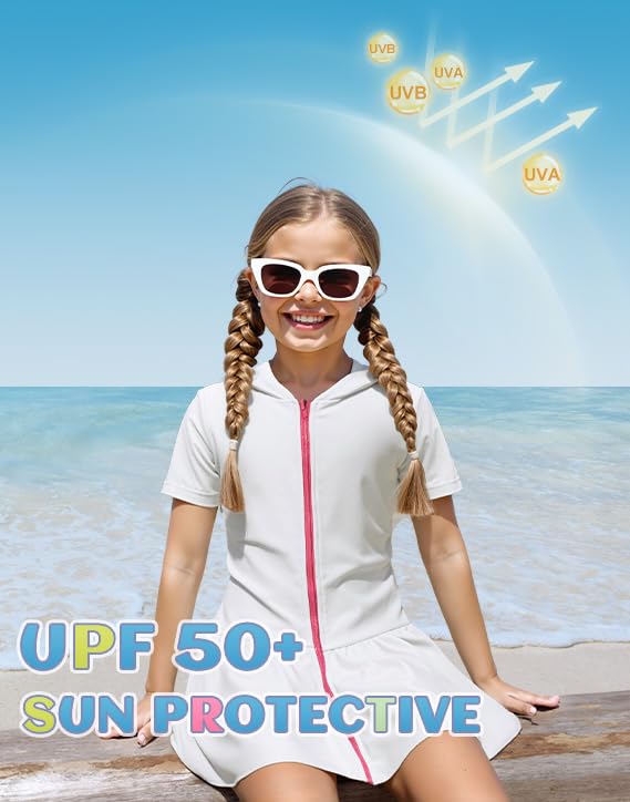 Image of Girls Sun Protective Swim Cover Up Hooded with Full-Length Zipper Short Sleeve UPF 50+ Beach Dress Coverup