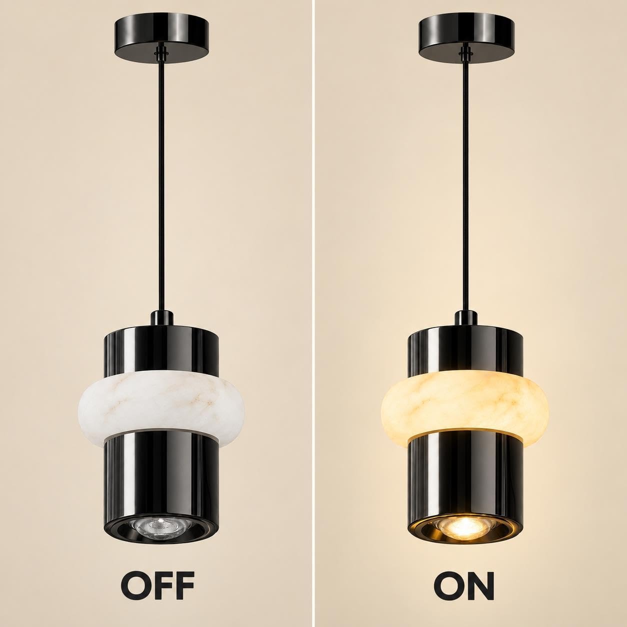 Lampada a sospensione nera a tubo lungo, mini droplight in alabastro