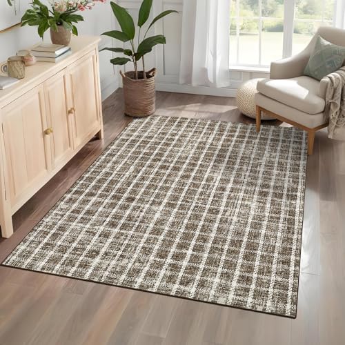 Garvee 5x7 Area Rugs Washable Non Slip Low Pile Carpet Geometric Checkered Print Rug for Bedroom Living Room Ultra Thin Stain Resistant Large Carpet f