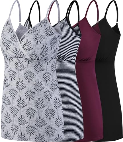 Nursing Tops Tank Shirt Cami Sleep Bra for Maternity and Breastfeeding (Large, Stripe/Black/Burgundy/Grey Print)