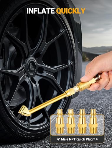 LUMITECO 2 Pack Heavy Duty Air Chuck Set-1/4 Inch Female NPT Closed Ball tire Chuck, Dual Head Air Chuck and Standard Male Quick Plug, Tire Air Fill Kit for Tire Inflator Gauge and Air Compressor