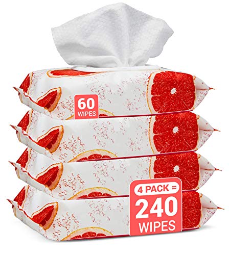 Herb & Luxe Face Wipes, Flip-Top Makeup Remover Facial Cleansing Wipes with Aloe Vera for Sensitive, Oily, dry Skin, Face/Hands/Body, Women/Men, 60 Count, Grape Fruit (Pack of 4 = 240 Wipes)