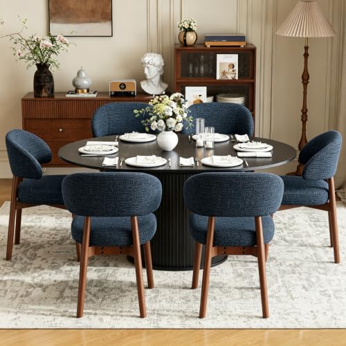 Image of MALOL 47 inch-63 inch Extendable Round to Oval Dining Table Chairs Set for 4-8, Modern Wooden Kitchen Table and Chairs with Hidden Storage and Fluted Design for Dining Room /Small Space(Black and Dark Blue)
