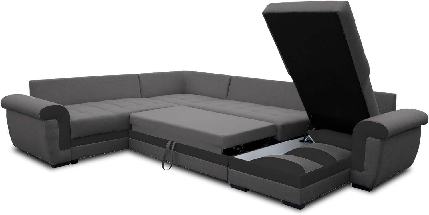 Canapé D'angle Convertible 365 Cm Avec Lit Et Coffre - Tissu Gris Foncé/blanc, Têtières Réglables - Marque Tendencio KORUS