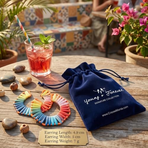 Image of Young & Forever Boho Rainbow Raffia Earring Pack - Handmade Woven Straw Geometric C-Hoop, Heart & Statement Drop Earrings for Women, Summer Beach Vacation Jewelry